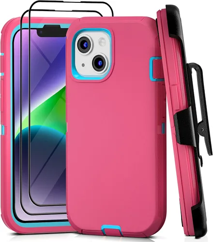 Vista 27 de Funda para iPhone 13 con 2 protectores de pantalla, resistente de grado militar, funda de cuerpo completo para hombres y mujeres (aguamarina + rosa)