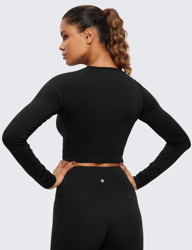 Vista 2 de CRZ YOGA Camisas de manga larga sin costuras para mujer, acanaladas, camisetas de entrenamiento atléticas, camisetas cortas para correr, gimnasio