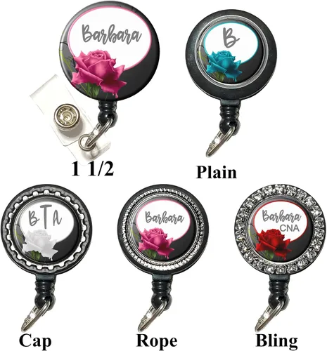 Vista 2 de Personalized Rose Retractable Badge Reel, Extends to 34 inches 6 Design Colors, Flower ID Holder Gift, Custom Fonts, 3 Design Sizes, Decorative