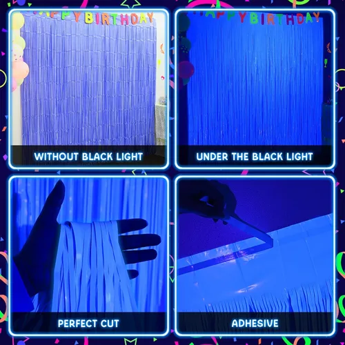 Vista 6 de Suministros de fiesta Mega-Loopolis con brillo en la oscuridad, pack de 2 decoraciones de fiesta neón de 6.6 x 6.6 pies, cortinas de flecos de papel