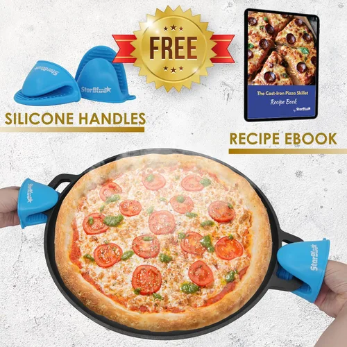 Vista 3 de Sartén de Pizza Redonda/Plancha de Hierro Fundido de 16 Pulgadas por StarBlue con Asas de Silicona GRATIS y Libro Electrónico de 30 Recetas – Comal