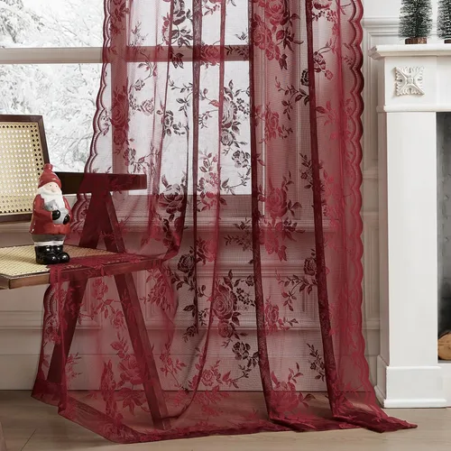 Vista 50 de Cortinas de encaje beige, juego de 2 paneles de cortinas traslúcidas con bolsillo para cortinero, decoración de ventana pequeña, baño, sótano