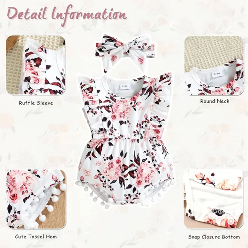 Vista 4 de Hascloth Newborn Baby Girl Romper Infant Tassel Bodysuit Floral Dress Shorts Jumpsuit Ruffle Sleeveless Onesie Clothes Outfit