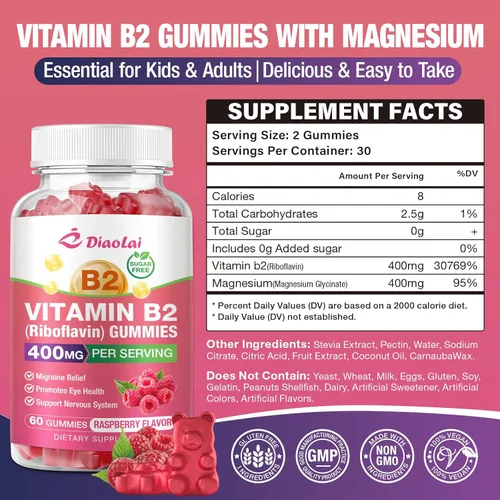Vista 2 de Gomitas de vitamina B2 Riboflavina de 400 mg con magnesio para niños y adultos, gomitas B2 para alivio de la migraña y apoyo del sistema nervioso