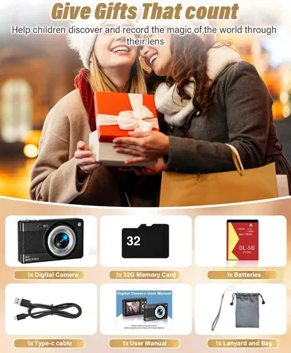 Vista 7 de Nueva cámara digital 2025, 56MP FHD 1080P para niños con zoom digital de 16x, antivibración, detección facial, captura de sonrisas, tarjeta TF de 32