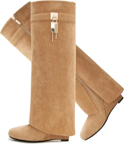 Vista 10 de Botas plegables puntiagudas con tacón de cuña para mujer, botas hasta la rodilla con diseño de candado y cremallera lateral Beige