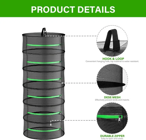 Vista 3 de iPower Red de secado plegable de malla para hierbas de 2 pies y 6 capas con cremalleras, anillo resistente para plantas hidropónicas, bolsa