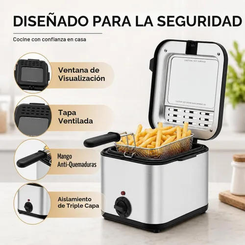Vista 4 de Freidora profunda de 1000 W con canasta, freidora eléctrica de acero inoxidable de 2.64 cuartos de galón para uso doméstico, freidora