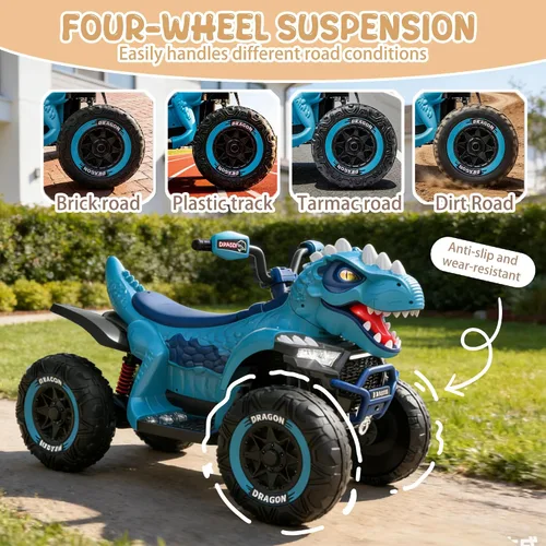 Vista 4 de ATV de dinosaurio de 24 V, motor de potencia de 200 W x 2, ruedas grandes, juguete de 2 plazas con control parental, suspensión de 4 ruedas, luces
