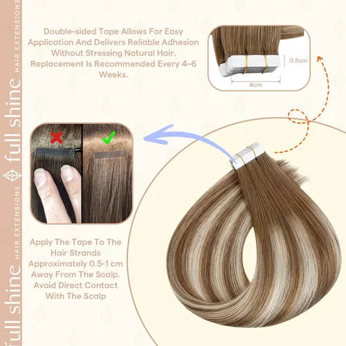 Vista 23 de Full Shine - Extensiones de cabello humano con cinta, mezcla de rubio hongo # 8 castaño ceniza resaltado 60 rubio ceniza