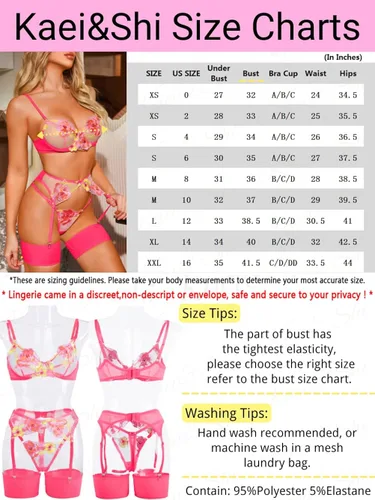 Vista 7 de Kaei&Shi Bordado floral, con aros, tanga y liguero, lencería de 4 piezas