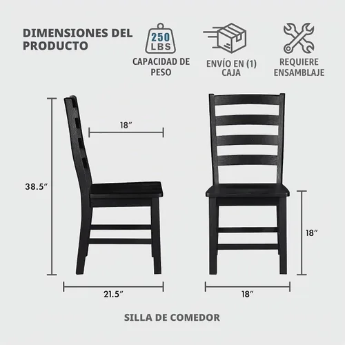Vista 2 de Lexicon Juego de 2 sillas de comedor estilo granja, marco de madera Negro