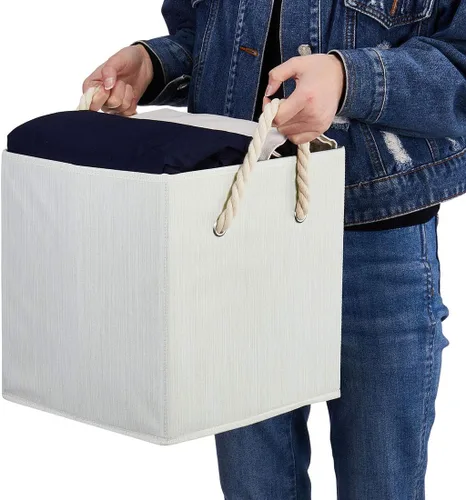 Vista 7 de Contenedores plegables de almacenamiento de tela de bambú beige y blanco, organizador resistente con asa de cuerda de algodón para oficina en casa