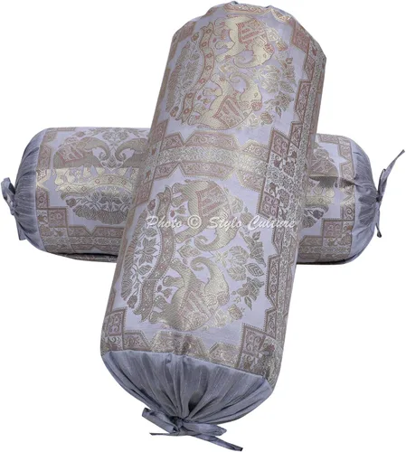 Vista 2 de Juego de 2 fundas de almohada de brocado cilíndrico étnico de brocado de seda jacquard de seda de elefante gris dorado tejido redondo almohada