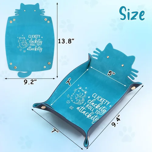 Vista 2 de Bandeja de Dados de Gato Azul Novedad Bandeja de Dados de Cuero PU con Forma de Gato Morado para Rodar Portátil Soporte de Dados Organizador