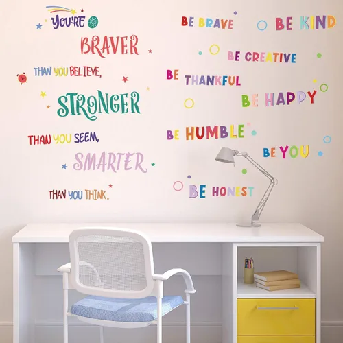 Vista 5 de 6 calcomanías inspiradoras coloridas para pared, frases motivacionales, calcomanías de pared con frase "You're Braver Than You Believe