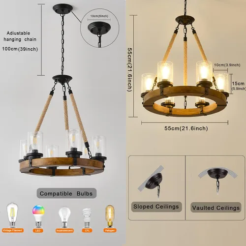 Vista 6 de Candelabro de iluminación de rueda de carro, 6 luces con pantalla de vidrio semillado, lámpara redonda de madera para cocina, isla de vestíbulo