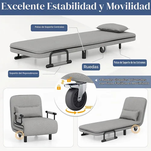 Vista 4 de GIANTEX - Sofá cama convertible 3 en 1 con respaldo ajustable de 5 posiciones, ruedas, 2 patas, tumbona reclinable con almohada, sillones