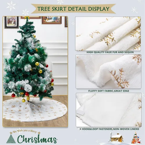 Vista 4 de Falda de árbol de Navidad blanca pequeña de 24 pulgadas, falda de árbol de lentejuelas para árbol de lentejuelas, mini falda de árbol con purpurina