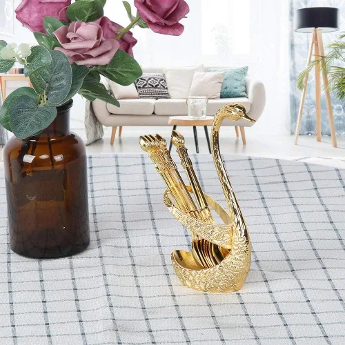 Vista 3 de Kit de cuchara de café con soporte en forma de cisne de aleación de zinc y 6 cucharas de café de acero inoxidable, juego de cucharas de comida