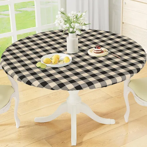 Vista 14 de misaya Mantel redondo ajustable con borde elástico, mantel de vinilo impermeable a cuadros de búfalo con parte trasera de franela para mesas