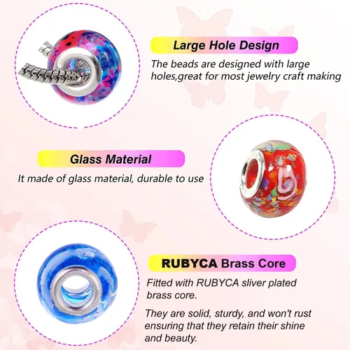 Vista 2 de RUBYCA Cuentas de Murano para hacer joyas, cuentas de vidrio de agujero grande para pulseras de cadena de serpiente europea, fabricación de pulseras
