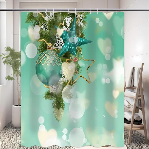 Vista 6 de Cortina de ducha de Feliz Navidad para baño, Nochebuena, Año Nuevo, arte bokeh verde, juego de cortina de ducha moderna de Navidad, cortina de ducha