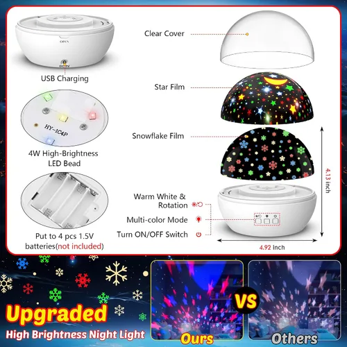 Vista 7 de Proyector de luces de copo de nieve de Navidad para interiores Luz nocturna de nieve y proyector de estrellas para niños Luz nocturna de Navidad