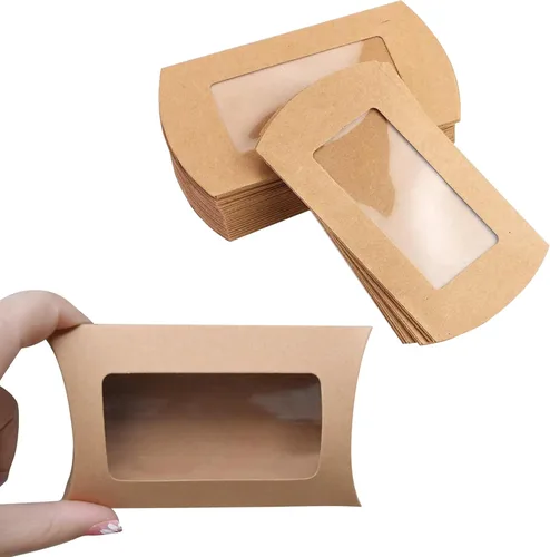 Vista 7 de Wzttdm 40 mini almohadas de papel kraft con ventana transparente, caja de embalaje de regalo para panadería, caramelos, chocolate, joyas, Negro