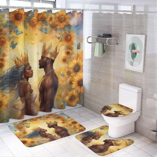 Vista 2 de Juego de alfombras de baño Afro Black King Queen Romantic Love de 3 piezas con diseño de mariposa antideslizantes para suelo de baño, suaves
