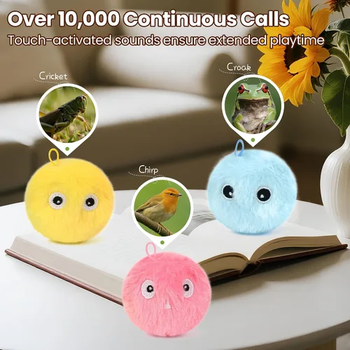 Vista 4 de Chirping - Pelotas de juguete para gatos, paquete de 3 Pelotas de juguete interactivas de felpa mejoradas, 3 sonidos de animales realistas