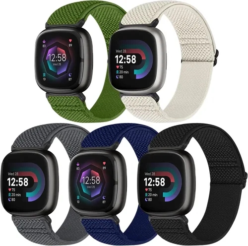 Vista 14 de Bcuckood Compatible con Fitbit Versa 4/Versa 3/Sense 2/Sense Band para mujeres y hombres, paquete de 5 correas de nailon elástico suave ajustable