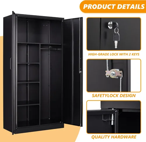 Vista 5 de STANI Gabinete de almacenamiento de metal, gabinete de almacenamiento de metal con bloqueo de 72 pulgadas con estantes y barra para colgar, gabinete