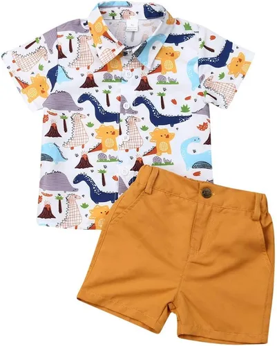 Vista 26 de Conjunto de camisa de manga corta con botones y pantalones cortos casuales con diseño de flamingo, para bebés y niños de 1 a 6 años, atuendos