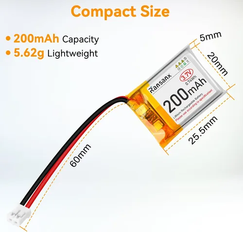 Vista 6 de Batería Lipo de 3.7 V 200 mAh 502025 Batería recargable de polímero de litio con conector Micro JST 2.0 Circuito de protección integrado