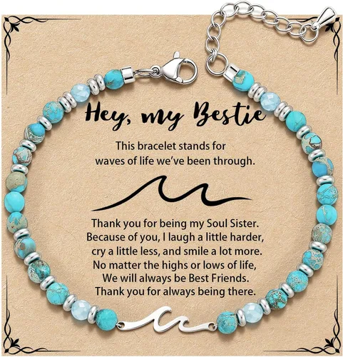 Vista 7 de Pulsera de onda/lazo/cruz para mujer, coloridas pulseras de cuentas de piedra natural, regalo único de amistad para mejor amiga, hermana, mejor