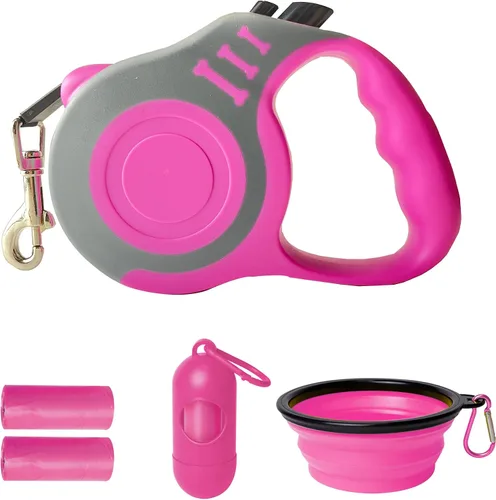 Vista 8 de Correa retráctil para perros pequeños y medianos, automática, telescópica, cinta para mascotas de 10/16 pies, duradera y práctica, con asa A1- rosa