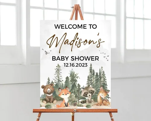 Vista 7 de Letrero de bienvenida de baby shower, letrero de bienvenida de baby shower de bosque, decoración de baby shower de bosque, cartel de baby shower