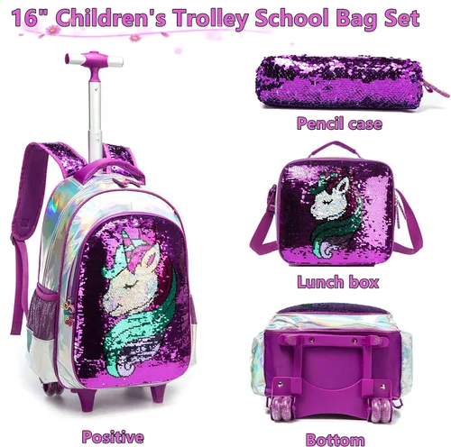 Vista 3 de Egchescebo Mochila con ruedas para niños escolares para niñas con ruedas y ruedas para niños 17-gzlp-bz-lg Lentejuelas