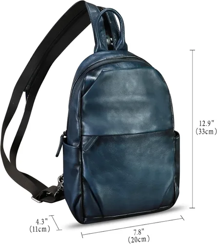 Vista 5 de Bolso de cuero genuino para hombres y mujeres, mochila grande tipo bandolera para iPad Pro de 12.9 pulgadas, Azul marino, Mediana