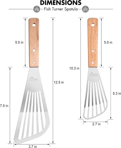 Vista 2 de HOTEC 2 piezas Espátula de pescado de acero inoxidable con mango de madera, espátula de metal para voltear alimentos