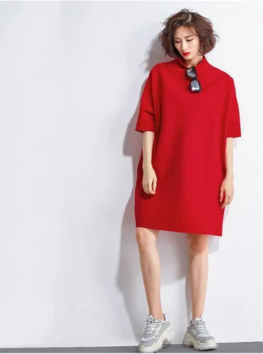 Vista 3 de Vestido midi casual de gran tamaño con cuello alto y bolsillo para mujer