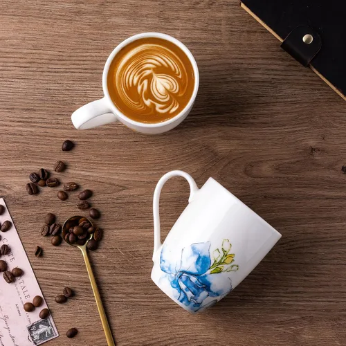 Vista 3 de GBhome Juego de 6 tazas de café de 12 onzas, tazas de café de cerámica con flores adhesivas para hombre, mujer, mamá, papá, juego de tazas de café