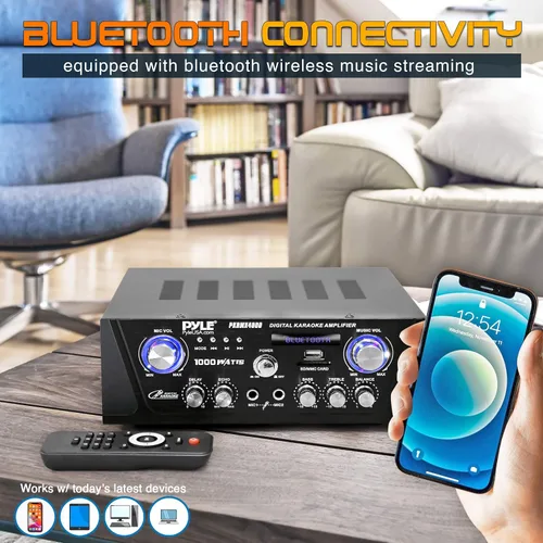 Vista 6 de Pyle Amplificador de karaoke digital Bluetooth para el hogar, receptor de audio para el hogar de 600 W con pantalla LED, ventilador