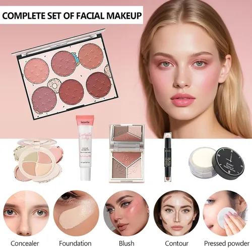 Vista 4 de Kit completo de maquillaje de 34 piezas todo en uno para mujeres, incluye paleta de sombras de ojos, barra de contorno, jabón para cejas, juego
