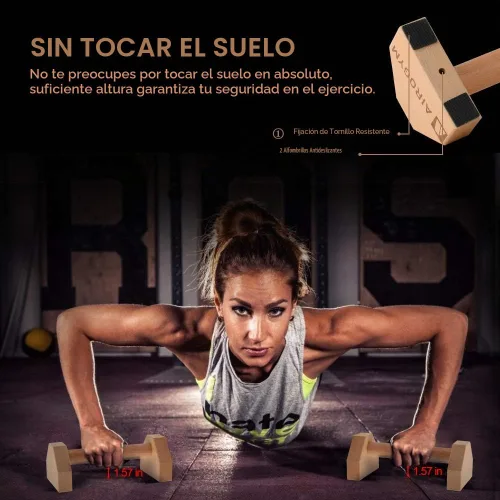 Vista 5 de Soporte de flexión, 2 barras de madera para flexiones, base antideslizante, equipo de entrenamiento en casa, 11.8 pulgadas, mango de paraletas