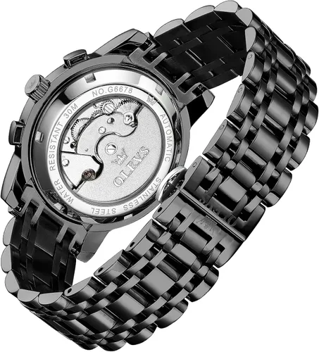 Vista 4 de OLEVS Relojes automáticos para hombre, impermeable, vestido de lujo, cuerda automática, esqueleto mecánico, tourbillon, fase lunar, acero