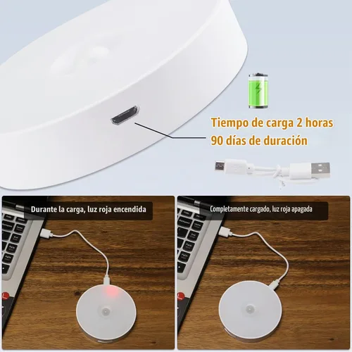 Vista 3 de 3 luces con sensor de movimiento, luz nocturna recargable (3000 K amarillo cálido) 8 LED, con cable USB y parche magnético, 3 modos, luz de pared