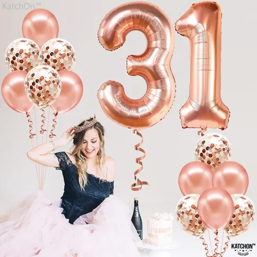 Vista 7 de Katchon, Globo de oro rosa con el número 31 de 40 pulgadas, decoraciones de Globos del número 31, globos del número 3 y 1 con 5 globos de látex