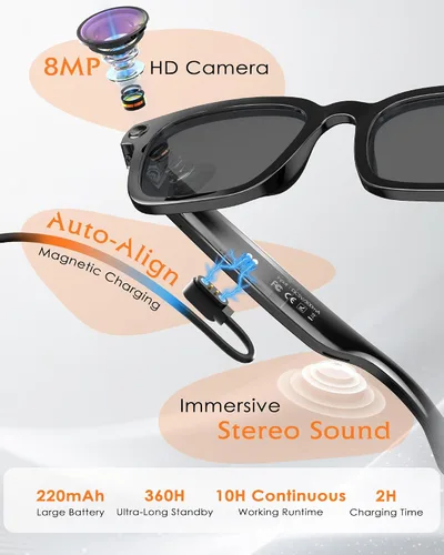 Vista 3 de Gafas inteligentes con cámara y audio 8MP HD Camera Smart Glasses para hombres